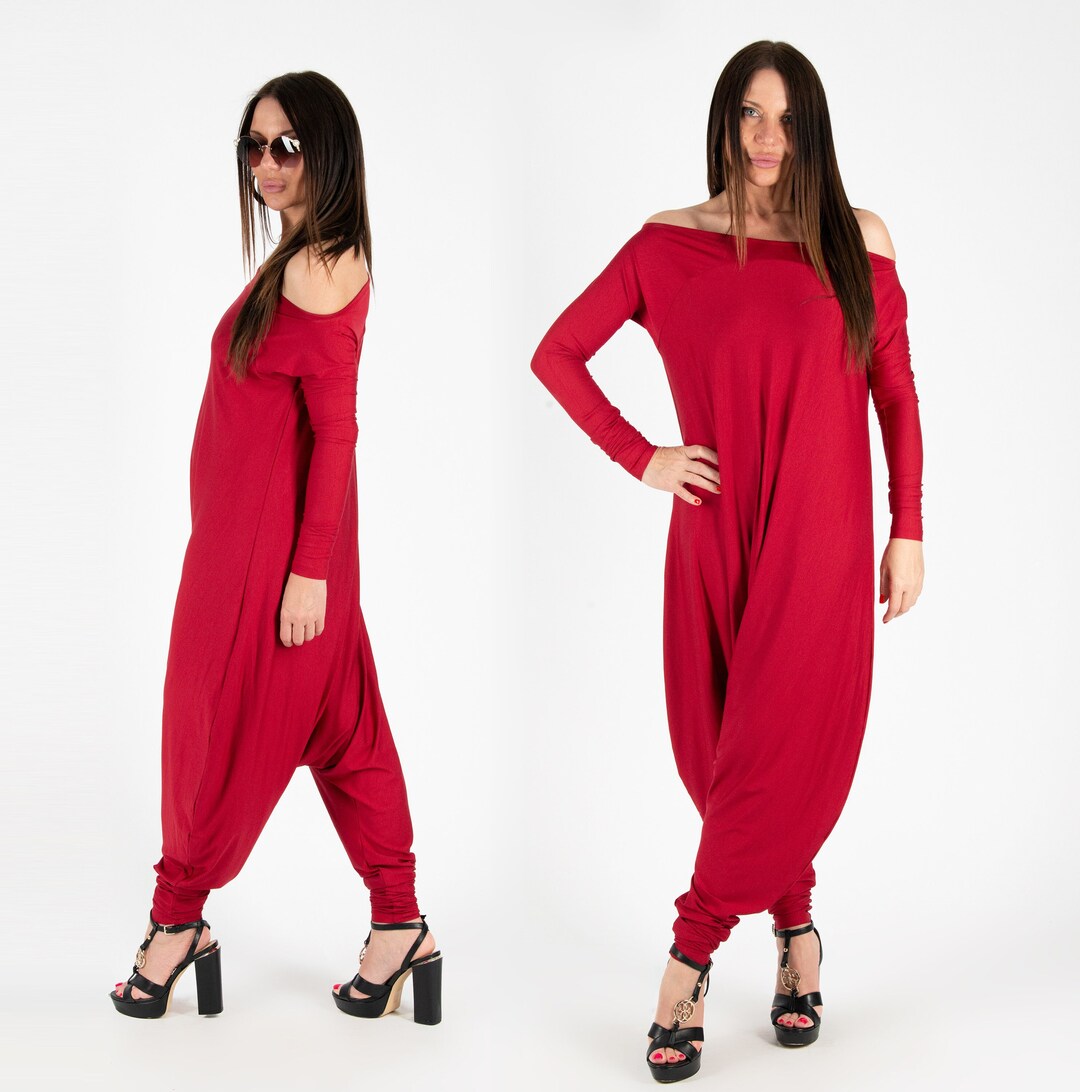 Womens Jumpsuit, Red Cotton Jumpsuit, Red Maxi Loose Jumpsuit, Dark Red Drop Crotch Harem Pants