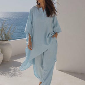 Blaues Leinen-Set, lockeres Tunika-Top, weite Hose und Oberteil von Alison