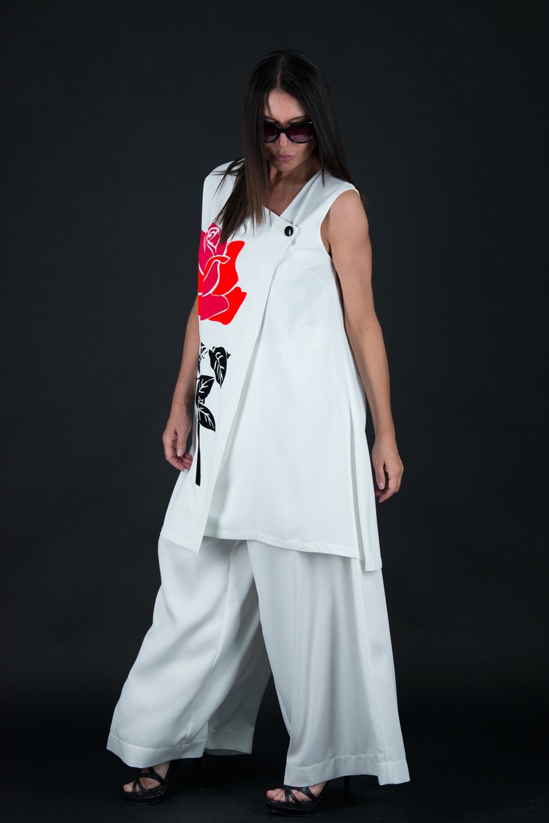 Women Set Women Costume Top And Pants Set Plus Size SetSE0572GE White Outfit White Suit Flower Top Plus Size Clothing Wide Leg Pants