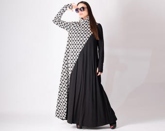 Houndstooth Turtleneck Maxi Dress, Long Sleeve A-Line Winter Dress Vivian