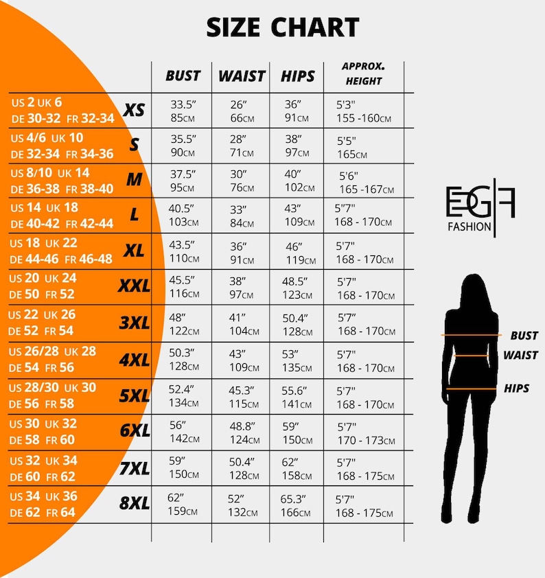 May include: Clothing size chart showing bust, waist, and hip measurements in inches and centimetres, plus approximate height in feet and inches. Sizes range from XS to 8XL, with a silhouette graphic.