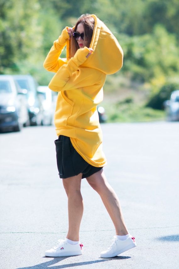 Yellow Cotton Jersey Hoodie, Plus Size Women's Zipper Sweatshirt