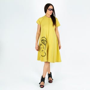 African Woman Print Cotton A-Line Dress, Summer Midi Dress Mustard