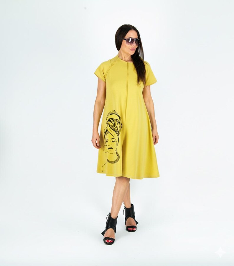 African Woman Print Cotton A-Line Dress, Summer Midi Dress Mustard