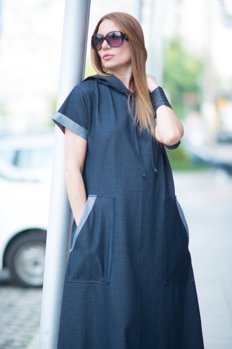 Urban casual Navy blue Denim cotton dress, Long Dress, Loose Casual Dress, Woman Cotton Dress KASANDRA DR0218W2 image 9