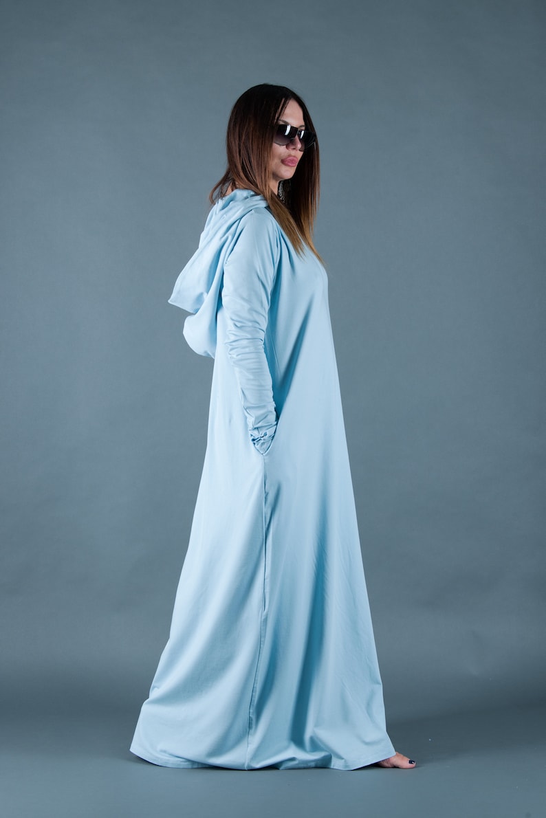 Light Blue Women Cotton Hooded Dress/Loose Maxi Dress/Hooded Etsy