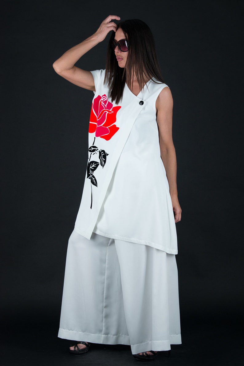 Women Set Women Costume Top And Pants Set Plus Size SetSE0572GE White Outfit White Suit Flower Top Plus Size Clothing Wide Leg Pants