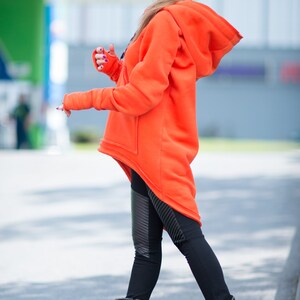 Asymmetrical Streetwear Hoodie, Warm Cotton Winter Sweater, Plus Size Orange