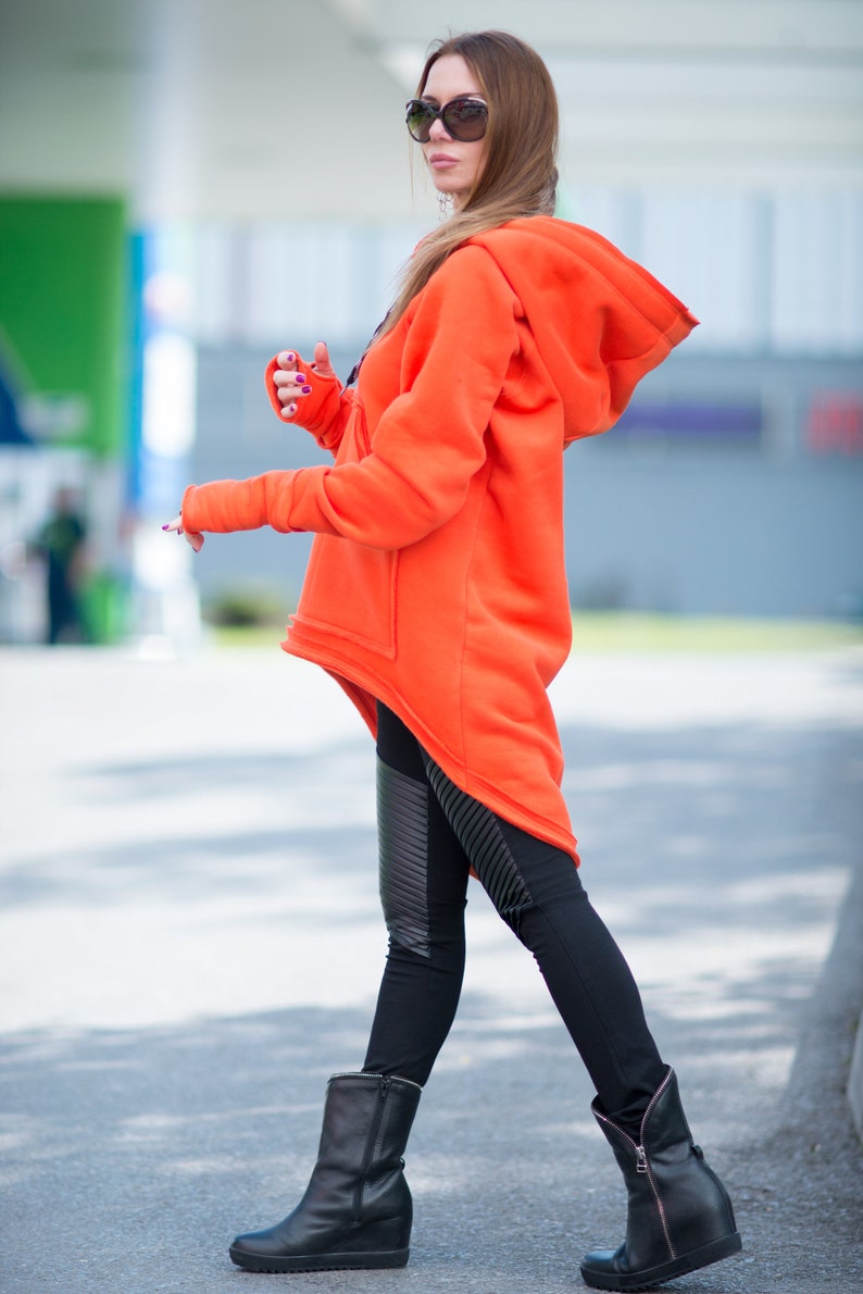 Asymmetrical Streetwear Hoodie, Warm Cotton Winter Sweater, Plus Size Orange