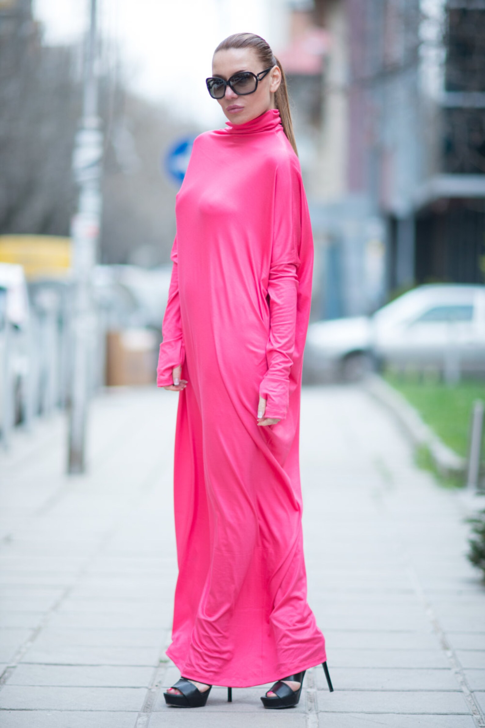 Hot Pink Dress Loose Maxi Dress Turtleneck Dress Valentines | Etsy