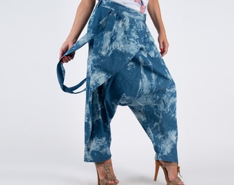 Denim Harem Pants with Suspenders, Oversized Drop Crotch Pants,  Boho Pants Women, Loose Pants Women LESILA - PA0503CT *