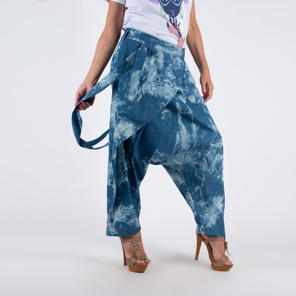 Denim Harem Pants with Suspenders, Oversized Drop Crotch Pants,  Boho Pants Women, Loose Pants Women LESILA - PA0503CT *