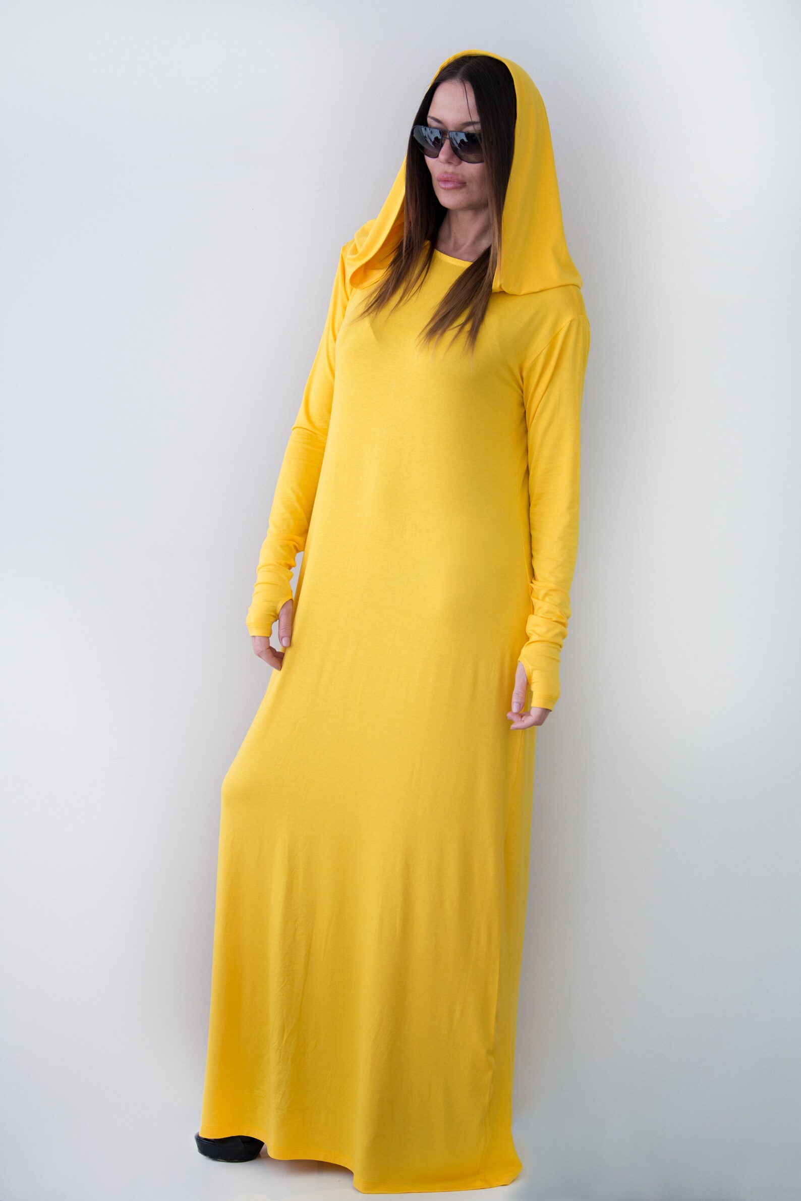 Yellow Women Cotton Hooded Dress/Loose Maxi Dress/Hooded Maxi | Etsy
