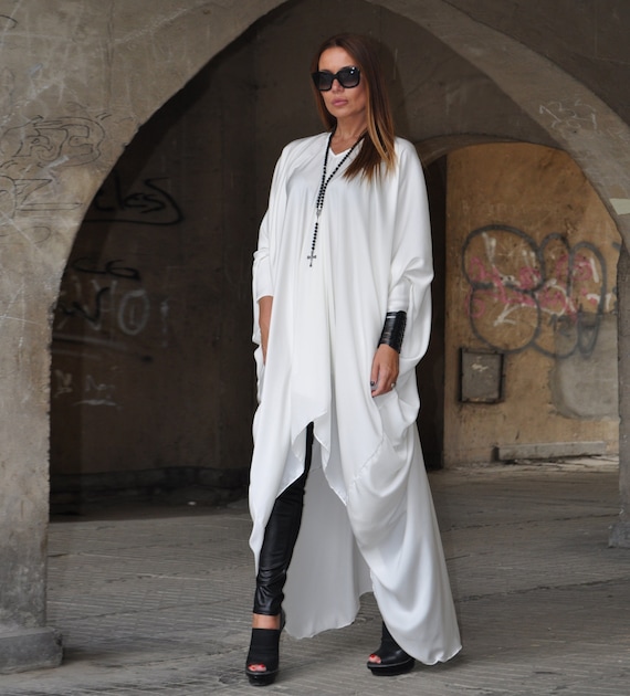 White Chiffon Maxi Dress, Asymmetrical Kaftan, Plus Size Clothing White Chiffon Maxi Dress, Asymmetrical Kaftan, Plus Size Clothing
