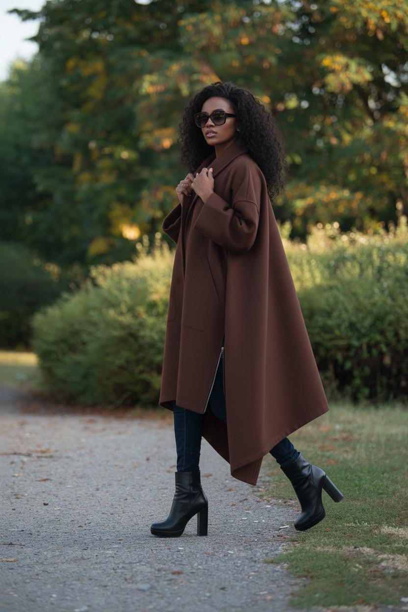 Wool Cape Coat, Brown Winter Overcoat, Elegant Stand Collar Jacket