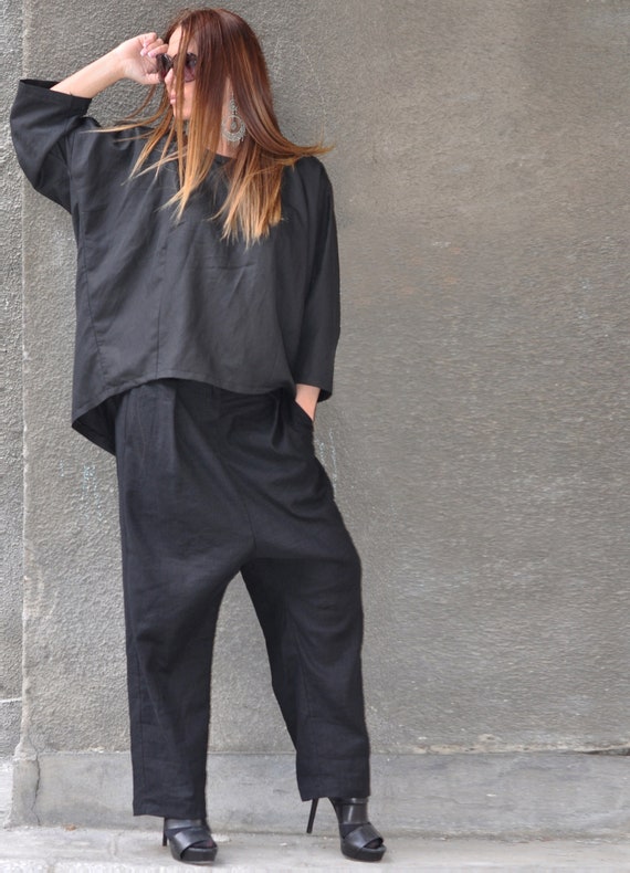 Black Linen Two Piece Outfit, Wide Leg Pants Set, Womens Pant Suit