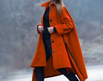 Women Trench Coat, Orange Maxi Asymmetric Zipper Coat, Wool Women Trench Coat, Orange Maxi Asymmetric Zipper Coat, Wool
