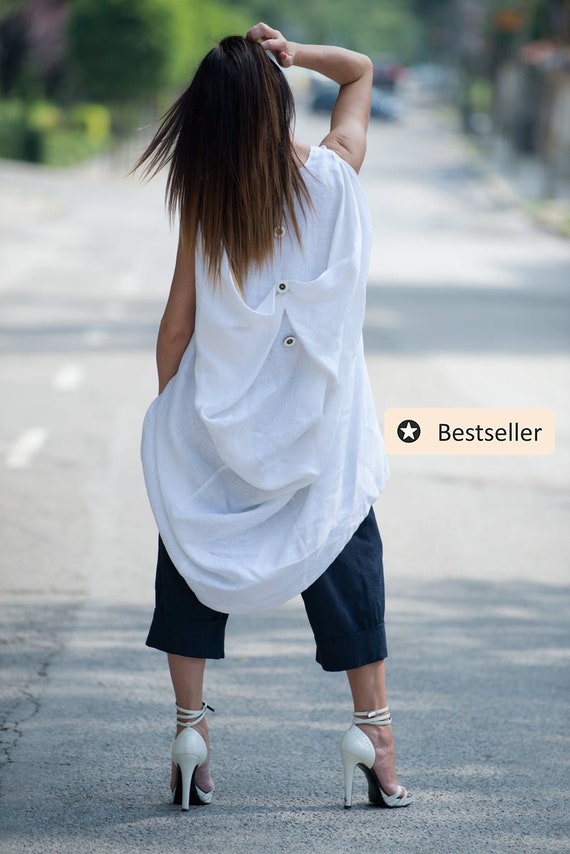 Avant Garde White Linen Tunic, Asymmetrical Sleeveless Top
