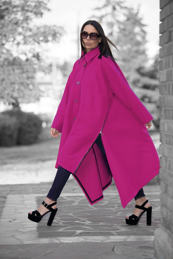 Fuchsia Asymmetrical Wool Coat, Women Loose Cape, Hot Pink Plus
