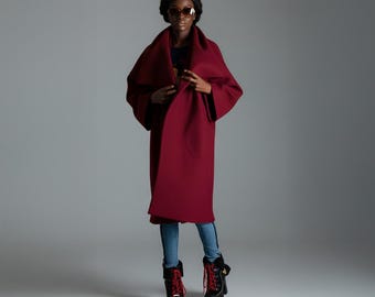 Dark Red Cape Coat, Casual Winter Overcoat HELEN
