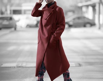 Dark Red Asymmetric Wrap Coat – Handmade Open Front Coat Victoria