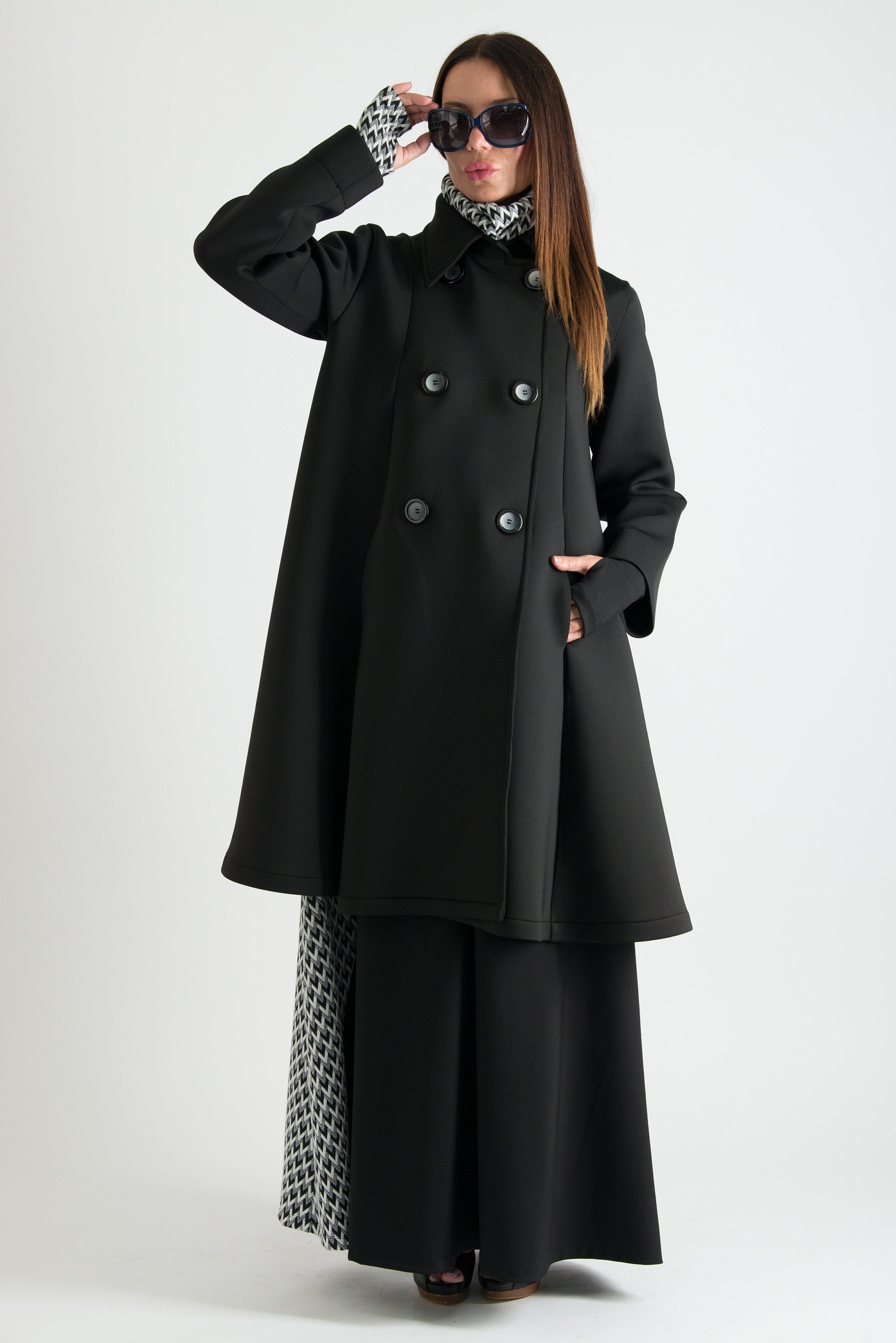 Black Long Coat, Winter Coat, Fit and Flare Coat, Neoprene Coat 