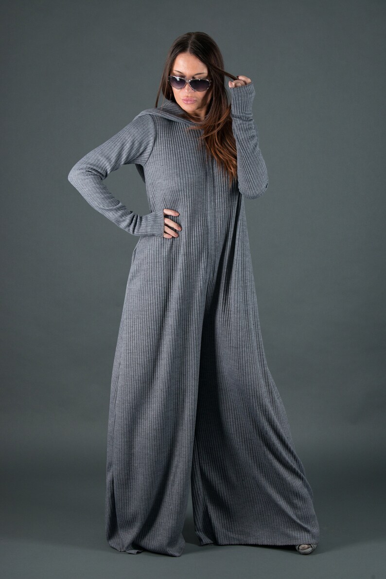 Oversized Women Jumpsuit Hooded Winter Jumpsuit in Grey Wool Etsy