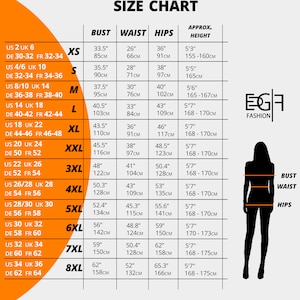 May include: Size chart for clothing with measurements in inches and centimetres. The chart shows sizes from XS to 8XL with corresponding bust, waist, hip, and approximate height measurements.