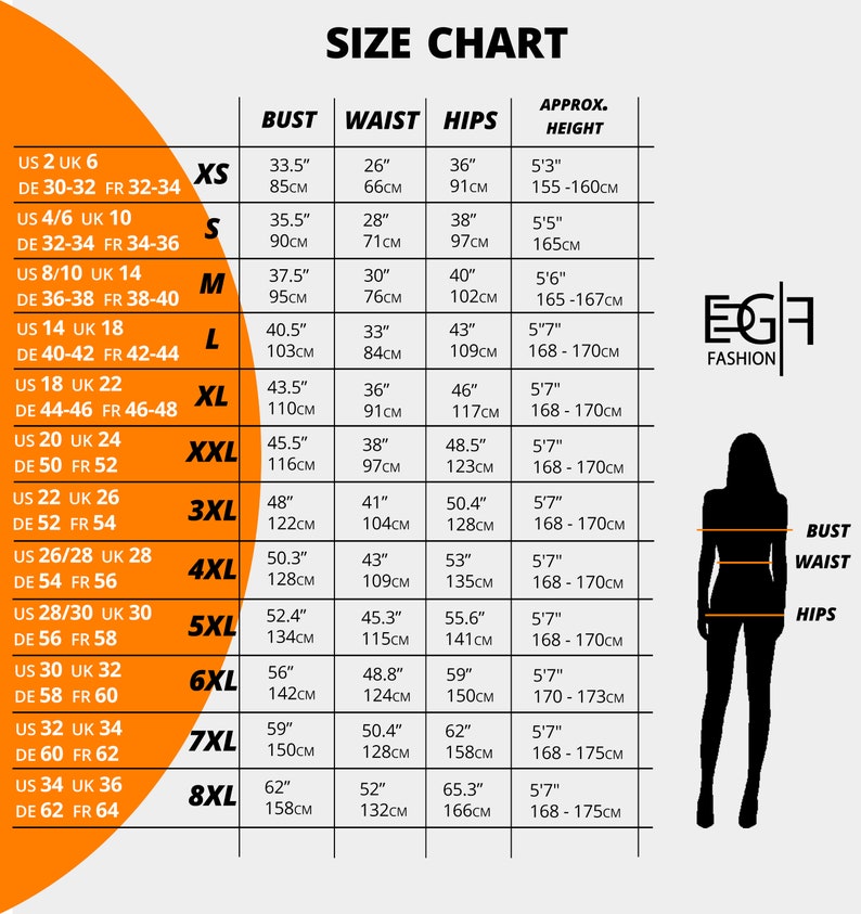 May include: Size chart for clothing with measurements in inches and centimetres. The chart shows sizes from XS to 8XL with corresponding bust, waist, hip, and approximate height measurements.