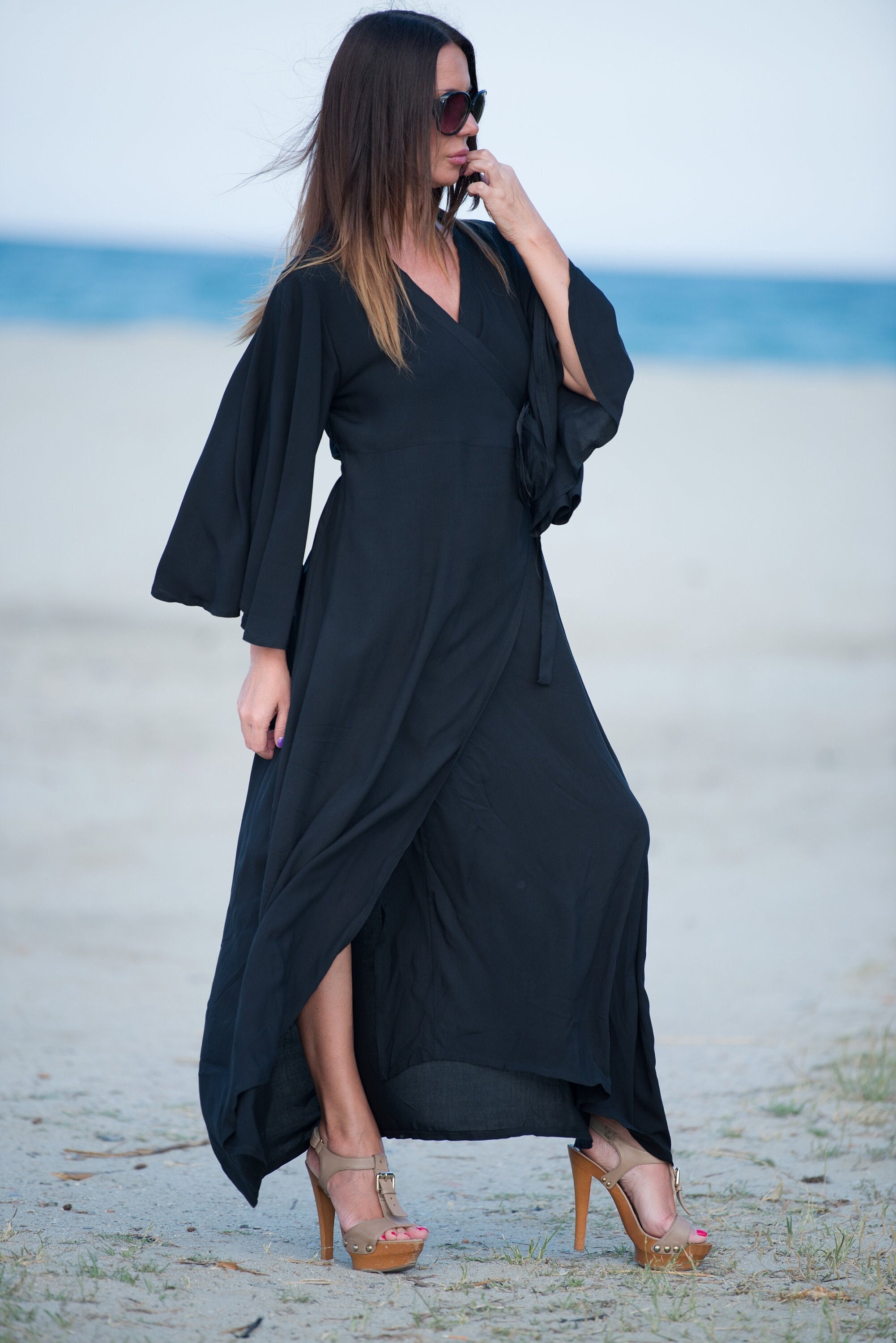 knee length dresses for ladies Valerie Ribbed Knit Long Sleeve Maxi Dress (Black) Small main image 0