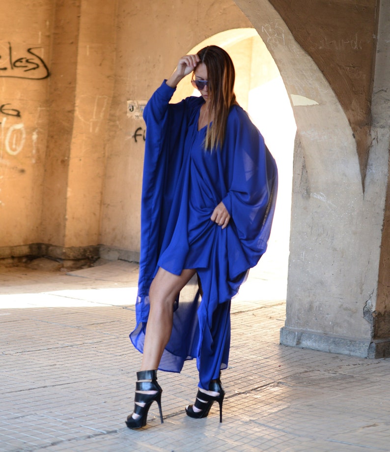 Boho Chiffon Maxi Kaftanklänning, Plus Size Oversize Sommarklänning Royal Blue