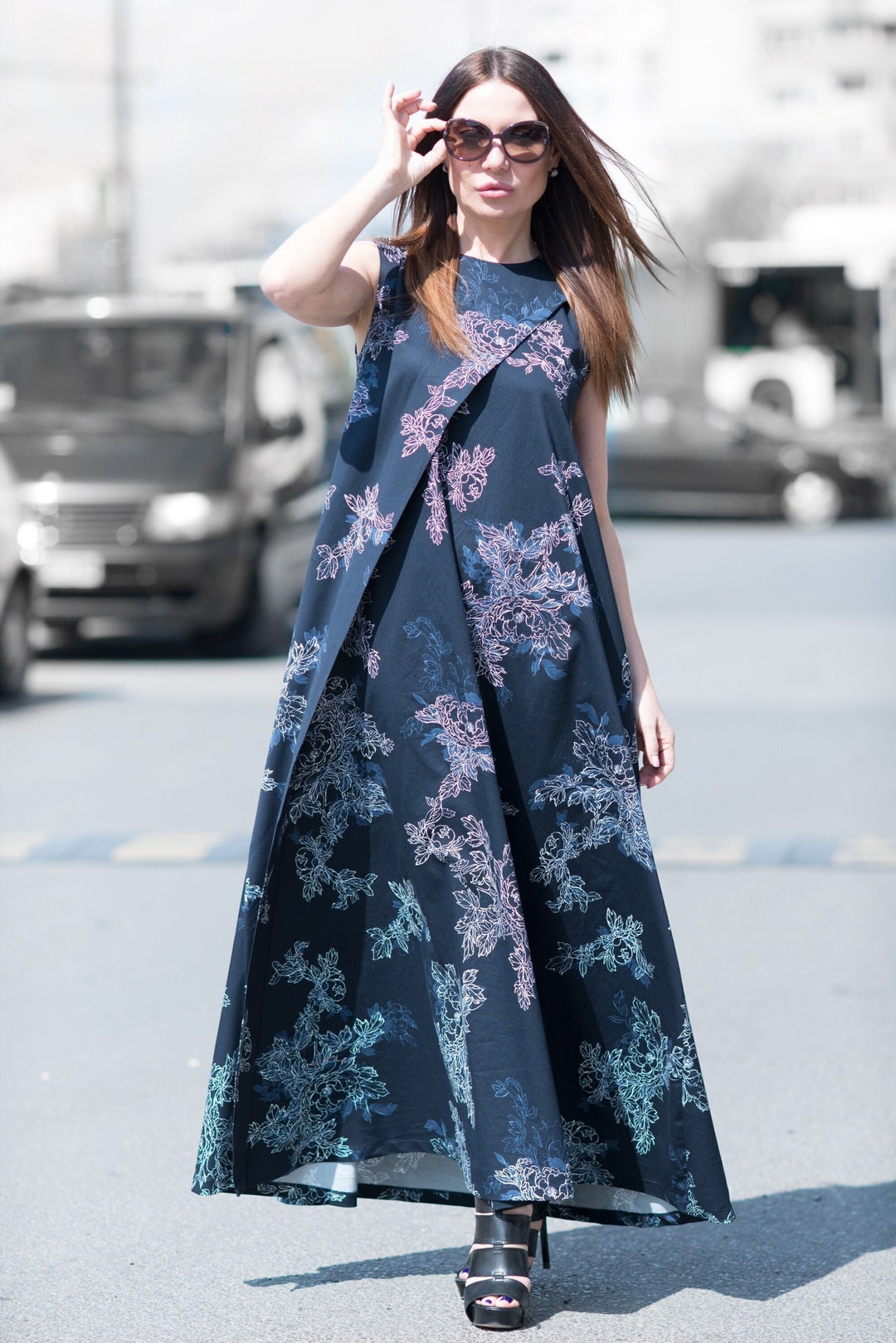 Sleeveless Dress Blue Dress Flower Maxi Dress Plus Size - Etsy