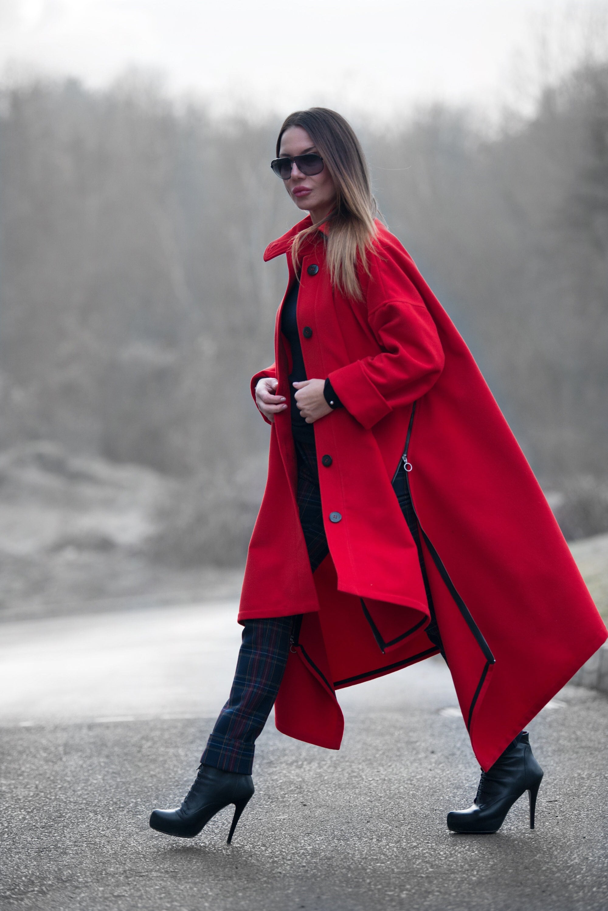 Womens Stylish Act Winter Maya Red Wool Trench Coat 