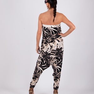 Floral Off-Shoulder Women Jumpsuit, Drop Crotch Harem Jumpsuit ELIF JP0648TR image 2