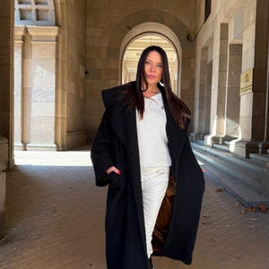 Black Winter Coat for Women, Plus Size Long Cape Coat, Women Wool Overcoat, Elegant and Stylish Women Plaid Coat SIRI - CT0002WB