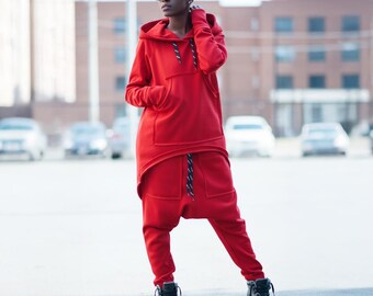 Roter Harem Hoodie Trainingsanzug Set, Damen Strick Zweiteiler Outfit, Petite Plus Größe