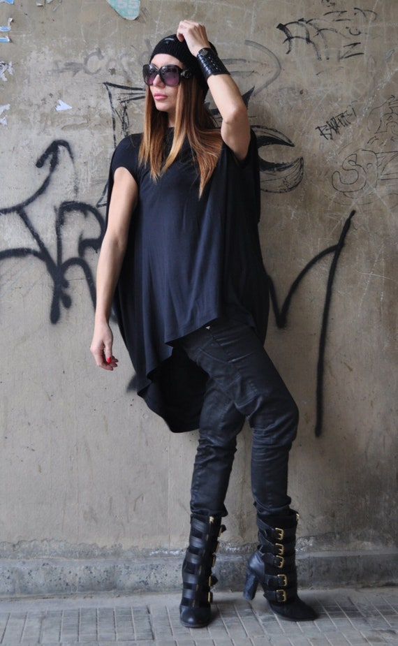 Plus Size Black Cotton Tunic, Asymmetrical Loose Maxi Top