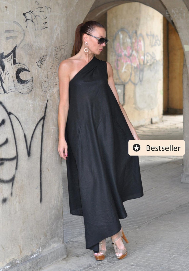 Black Linen Dress One Shoulder Linen Dress Asymmetrical Etsy Canada