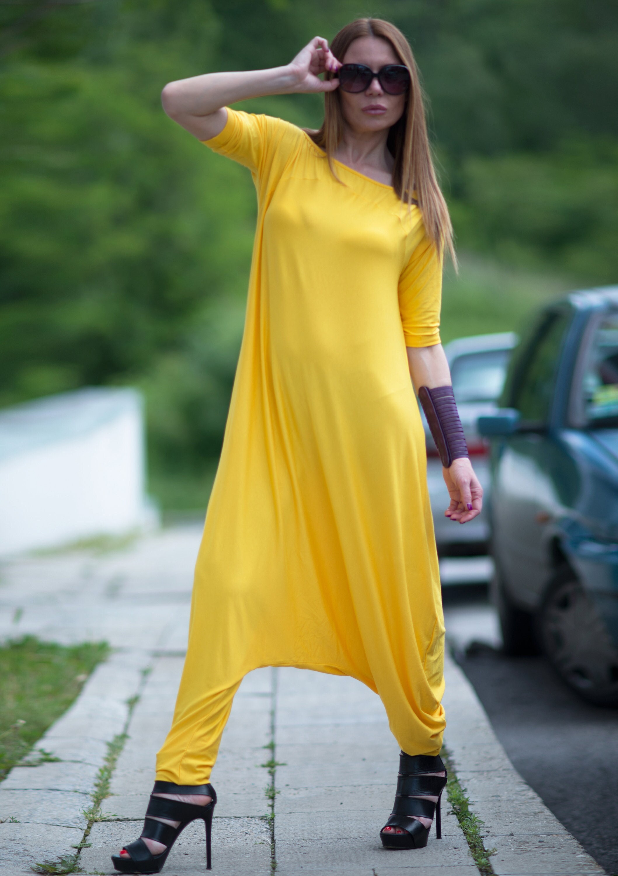 Plus Size Maxi Jumpsuit Yellow Short Sleeveless Jumpsuit | Etsy