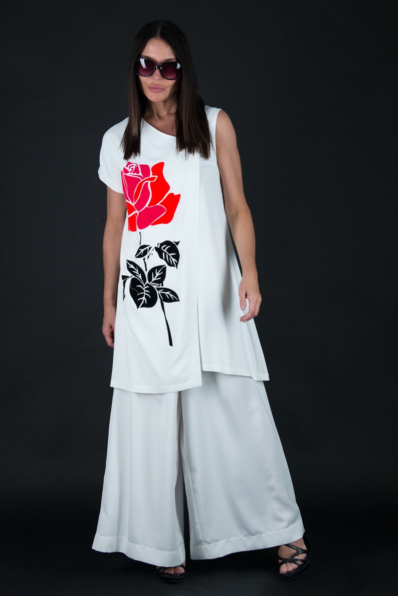 Women Set Women Costume Top And Pants Set Plus Size SetSE0572GE White Outfit White Suit Flower Top Plus Size Clothing Wide Leg Pants