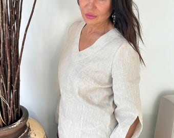 Linen Tunic Top, V-Neck Long Sleeve Blouse Jada