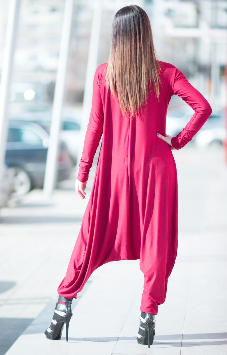 Dark Red Round Neck Hijab Jumpsuit WomensDrop Crotch Harem JumpsuitPlus Size Loose JumpsuitCotton Long Sleeve Jumpsuit JP0368TR