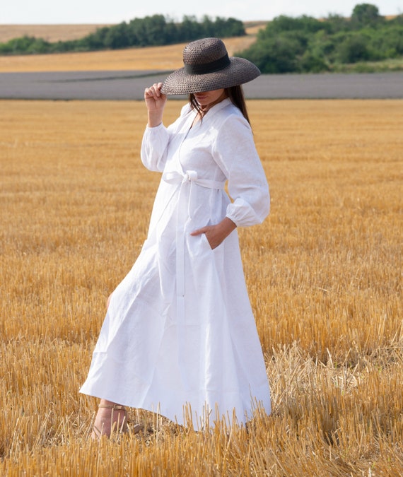 linen wrap dress long sleeve White Linen Wrap Dress, Long Sleeve Summer Maxi Dress Plus Size Napoli