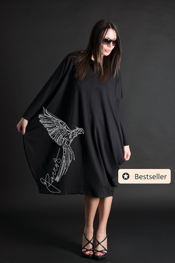 Black Maxi Dress, Cotton Elastin, Parrot Print, Plus Size Dress Tamara