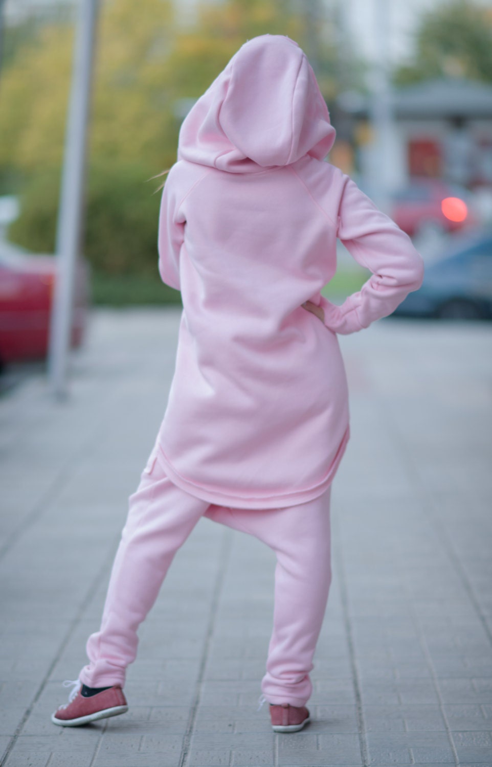 Asymmetrical Women Hoodie With Pocket and Big Hood, Pink Hooded 