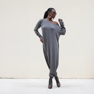 Dark Gray Harem Jumpsuit – Long Sleeve Drop Crotch Romper – Plus Size Winter Overall, Steampunk Inspired – MARLA