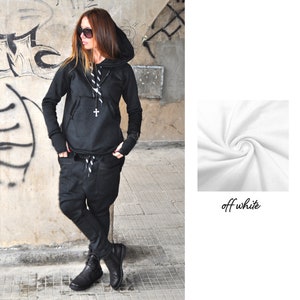 Asymmetrical Streetwear Hoodie, Warm Cotton Winter Sweater, Plus Size Off white