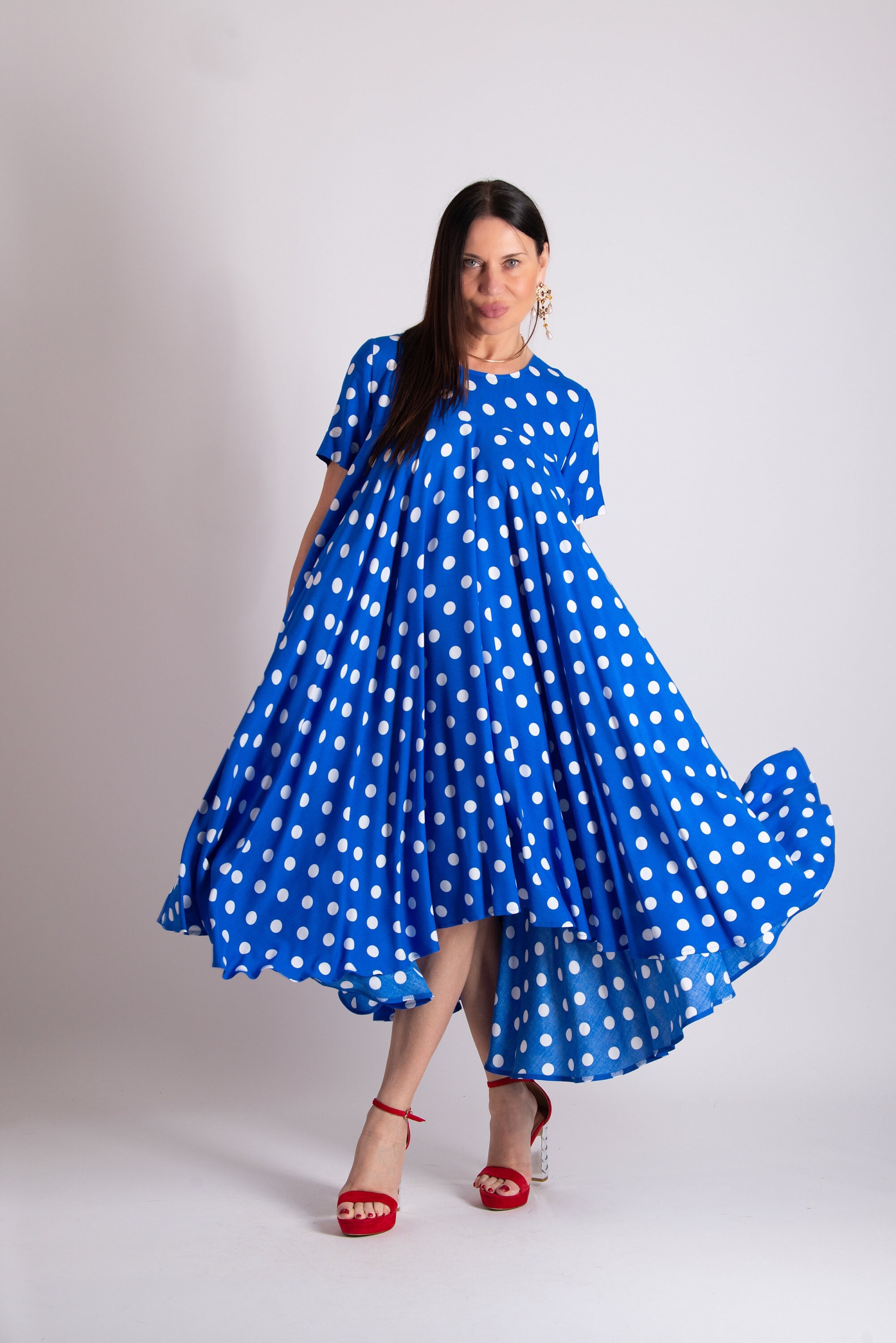 Polka Dot Cotton Maxi Dress, Loose Summer Dress Kosara
