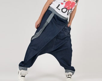 Denim Harem Pants with Suspenders, Baggy Drop Crotch Jeans Lesila