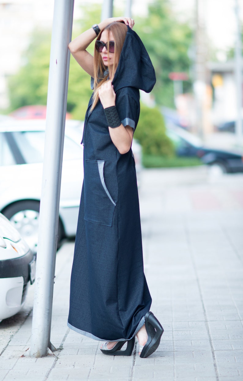 Urban casual Navy blue Denim cotton dress, Long Dress, Loose Casual Dress, Woman Cotton Dress KASANDRA DR0218W2 image 6